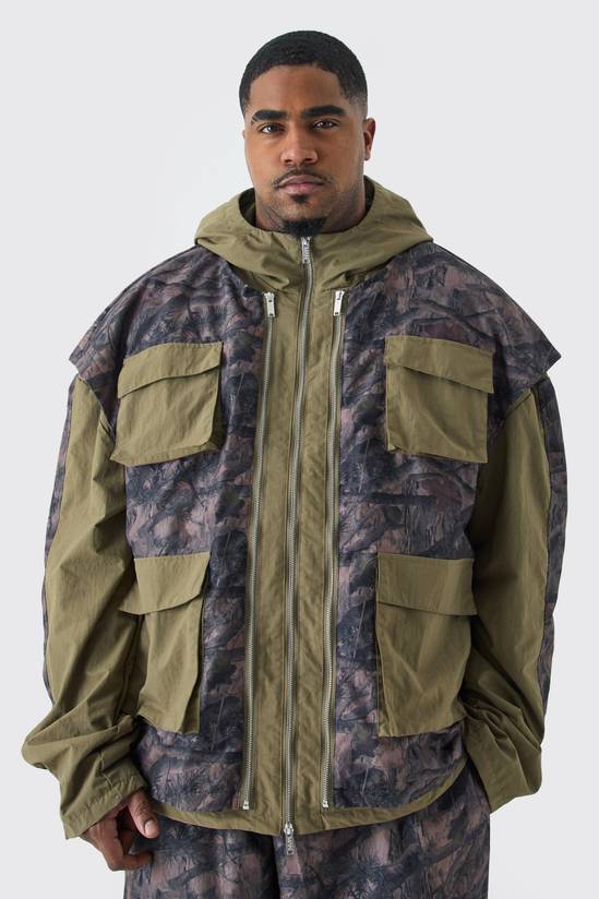 Plus Washed Ripstop Nylon Camo Utility Jacket