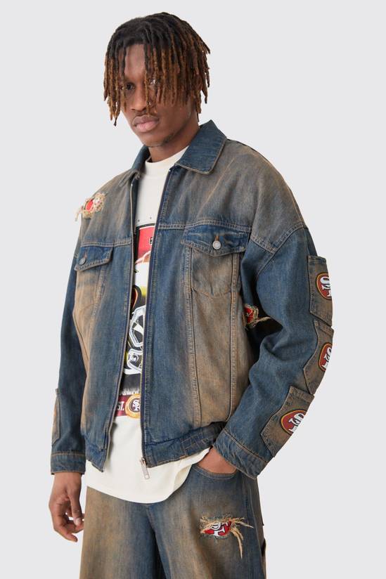 Nfl 49ers Oversized Zip Through Multi Pocket Denim Jacket
