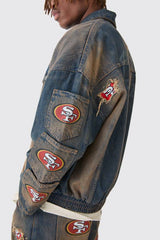 Nfl 49ers Oversized Zip Through Multi Pocket Denim Jacket