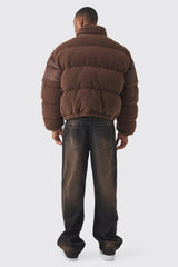 Borg & Nylon Funnel Neck Puffer In Chocolate