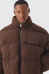 Borg & Nylon Funnel Neck Puffer In Chocolate