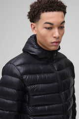 High Shine Quilted Hooded Jacket In Black