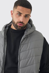 Plus Quilted Zip Through Hooded Regular Fit Gilet In Charcoal