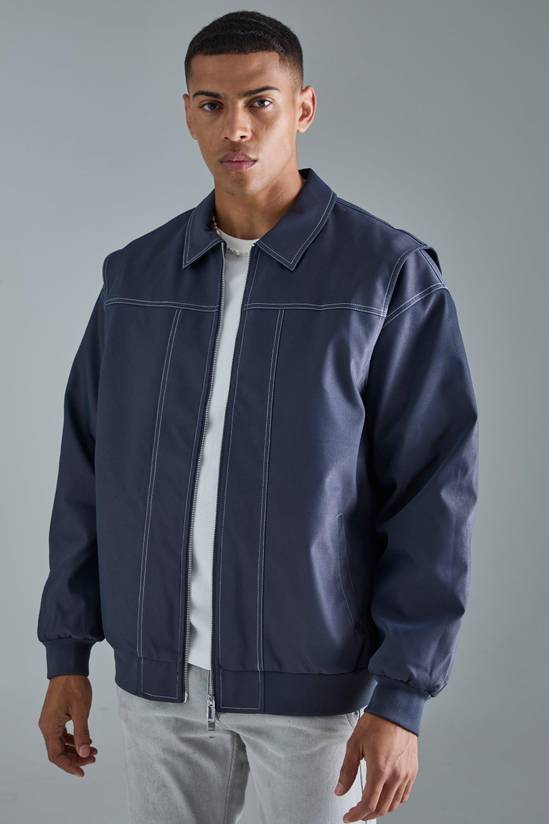 Oversized PU Panel Detail Bomber Jacket In Navy