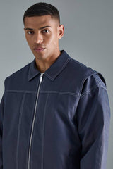 Oversized PU Panel Detail Bomber Jacket In Navy