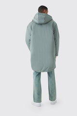 Oversized Satin Padded Longline Parka In Sage