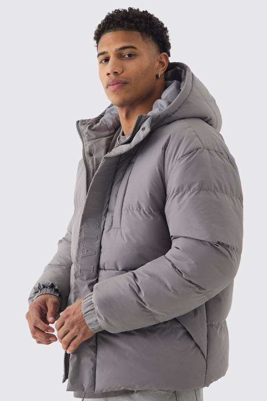 Official Embossed Hooded Puffer Coat In Charcoal