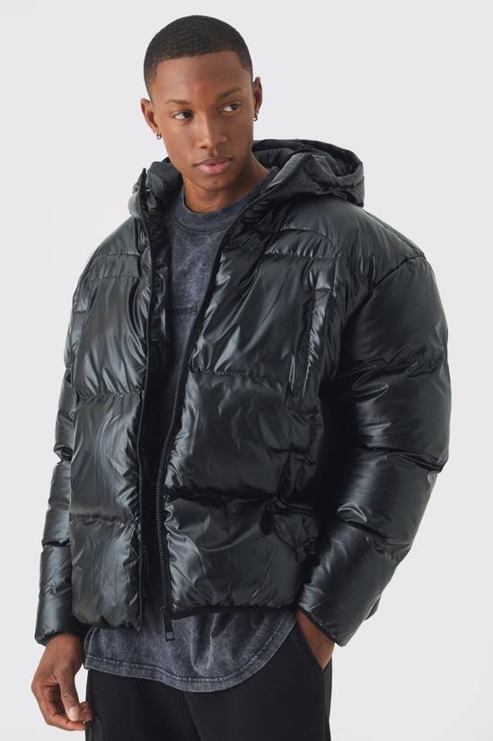High Shine Hooded Quilted Puffer In Black