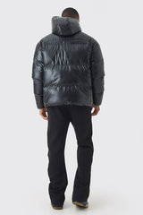 High Shine Hooded Quilted Puffer In Black