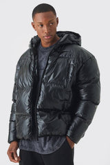 High Shine Hooded Quilted Puffer In Black