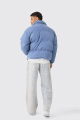 Faux Suede Funnel Neck Puffer Coat In Blue