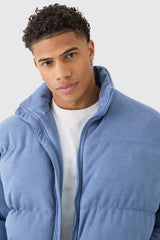 Faux Suede Funnel Neck Puffer Coat In Blue