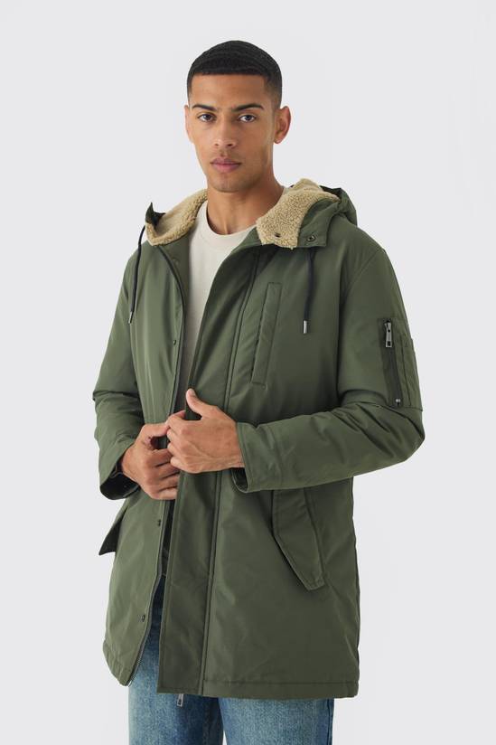 Oversized Parka With Borg Lined Hood In Khaki