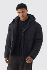 Padded Drawcord Hooded Parka Coat In Black