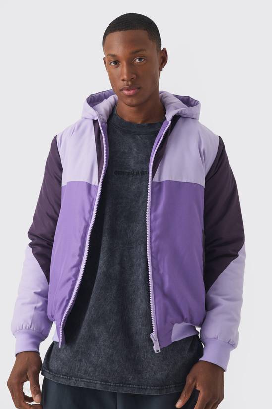 Colour Block Hooded Padded Bomber Jacket In Purple