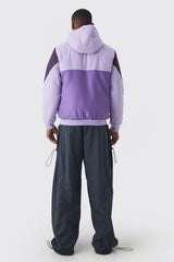 Colour Block Hooded Padded Bomber Jacket In Purple