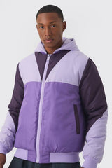 Colour Block Hooded Padded Bomber Jacket In Purple