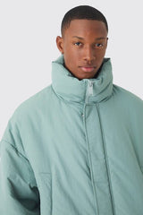 Oversized Boxy Padded Funnel Neck Coat In Sage