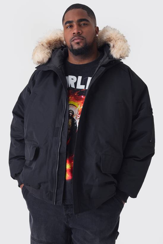 Plus Hooded Parka With Removeable Faux Fur Trim Regular Fit In Black