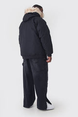 Plus Hooded Parka With Removeable Faux Fur Trim Regular Fit In Black