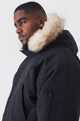 Plus Hooded Parka With Removeable Faux Fur Trim Regular Fit In Black