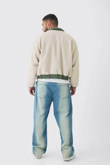 Plus Boxy Borg And Nylon Collared Bomber Jacket In Ecru