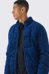Man Printed Velour Funnel Neck Puffer In Navy