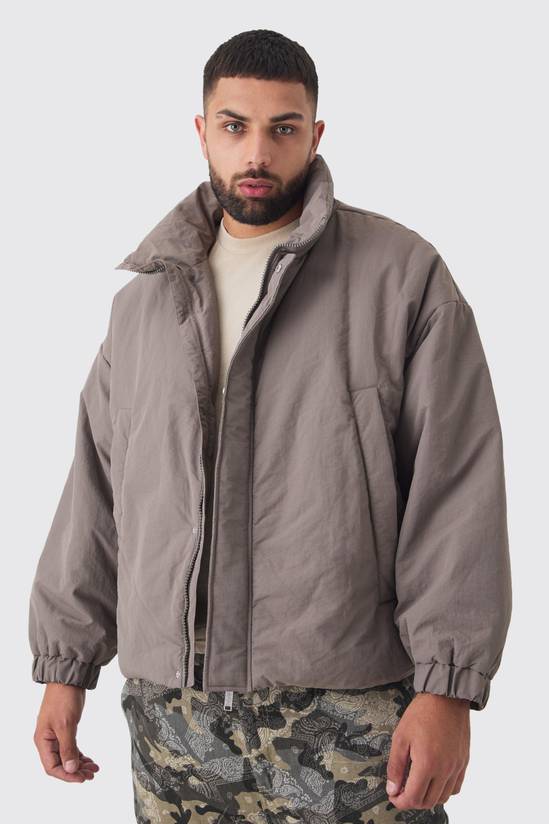 Plus Oversized Boxy Padded Funnel Neck Coat In Charcoal