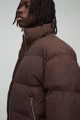 Man Boxy Fit Funnel Neck Puffer Coat In Brown