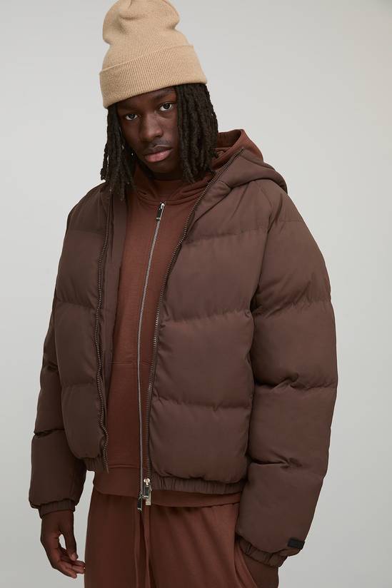 Man Regular Fit Hooded Puffer Coat In Brown