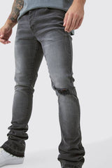 Skinny Stacked Flared Jeans With Knee Rip
