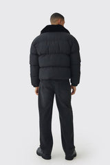 Boxy Faux Fur Collar Puffer Jacket In Black