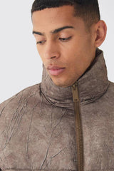 Oversized Crinkle Funnel Neck Puffer Jacket In Brown