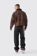 Boxy Washed PU Harrington Jacket With Borg Collar In Brown
