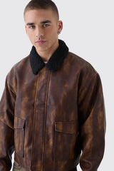 Boxy Washed PU Harrington Jacket With Borg Collar In Brown