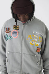 Oversized Applique Distressed Zip Through Brushback Hoodie