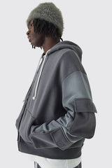 Oversized Boxy Utility Zip Through Brushback Hoodie