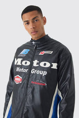 Oversized Mesh Panel PU Moto Jacket In Black