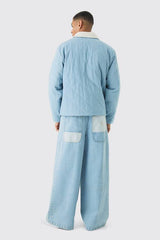 Oversized Quilted Denim Jacket With Borg Collar