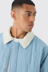 Oversized Quilted Denim Jacket With Borg Collar