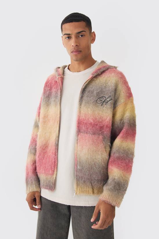 Oversized Boxy OFCL Brushed Ombre Stripe Knitted Zip Through Hoodie