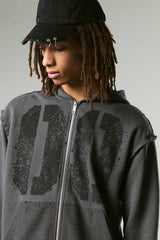Oversized Boxy Varsity Raw Edge Zip Through Loopback Hoodie