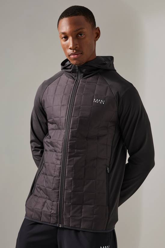 Man Active Check Quilted Zip Through Hoodie