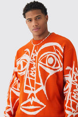 Oversized Boxy Abstract Line Face Knitted Jumper