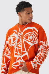 Oversized Boxy Abstract Line Face Knitted Jumper