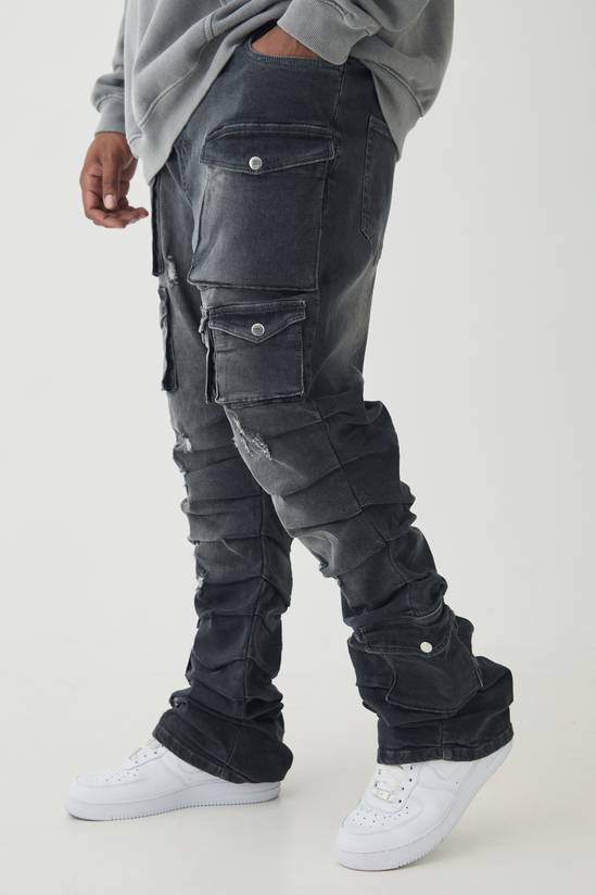 Plus Stacked Multi Cargo Pocket Flared Jeans
