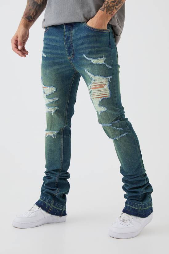 Skinny Stretch Stacked Flared Ripped Jeans