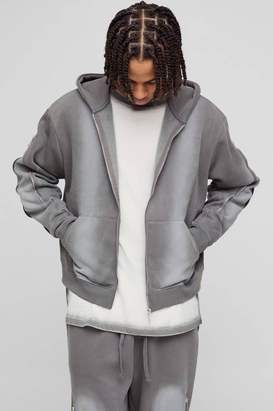Oversized Boxy Zip Detail Spray Wash Zip Through Hoodie