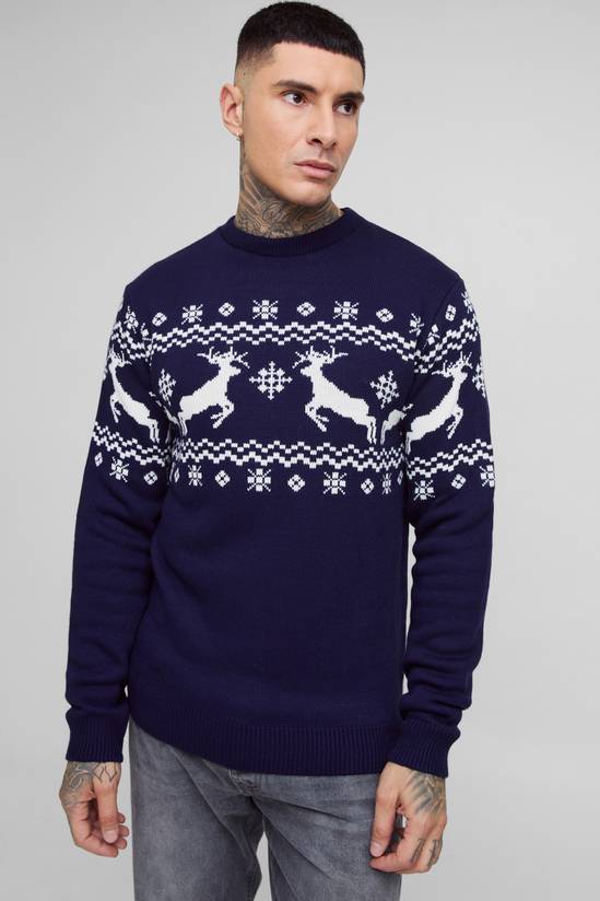 Tall Reindeer Fairisle Panel Christmas Jumper