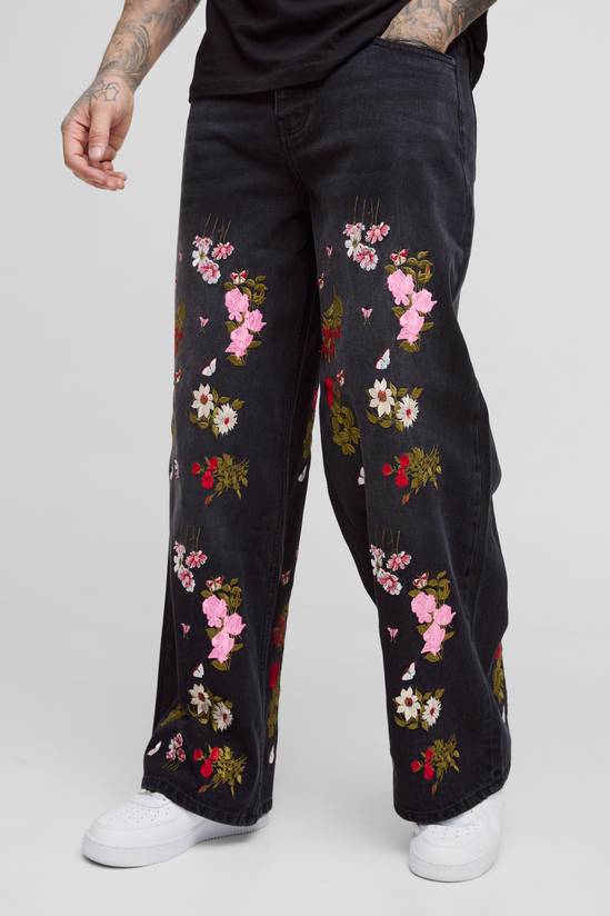 Tall Baggy Fit Floral Embroidered Jeans